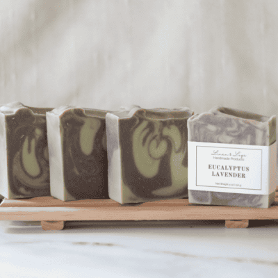 4 bars of eucalyptus lavender soap with purple and green swirls made by Linen and Logs Shop