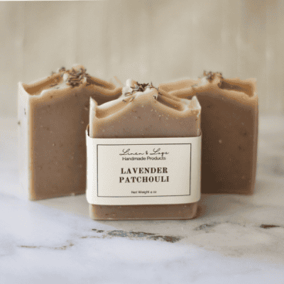 lavender patchouli soap bars - three bars, one in front of two