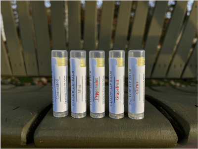 5 tallow lip balm in a row in scents unscented, mint, peppermint, grapefruit, and citrus