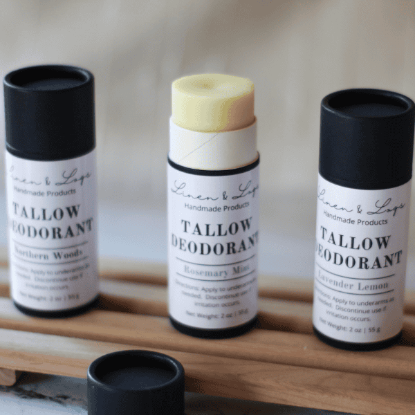 three tubes of deodorant, scents: northern woods, rosemary mint, lavender lemon.