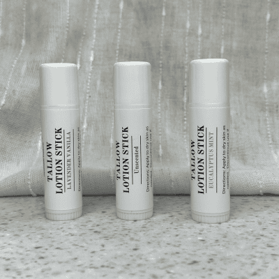 3 mini tallow lotion sticks. scents - lavender vanilla, unscented, eucalyptus mint