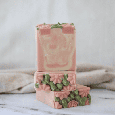 3 bars of spring meadow tallow soap - pink swirl with pink flowers on top