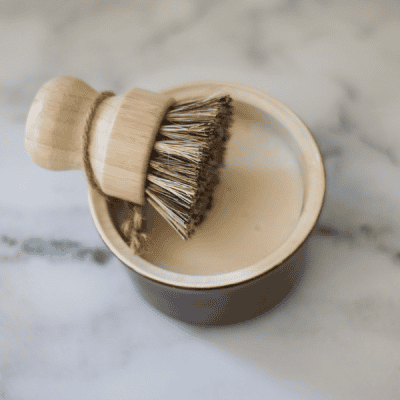 pot scrubber brush laying on top of solid dish soap in a brown vintage dish