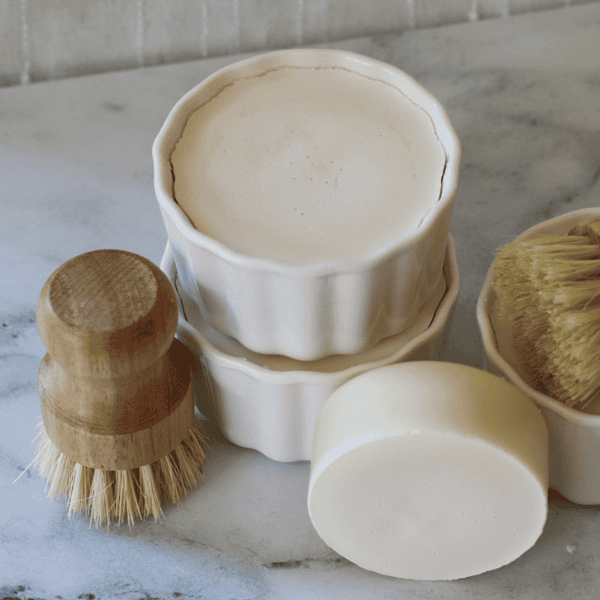 Solid dish soaps made with natural ingredients and a dish brush