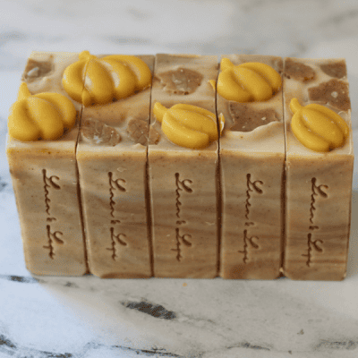 line of sweet orange and patchouli bars of soap with orange pumpkins and brown leaves on top and Linen & Logs Stamp on side.