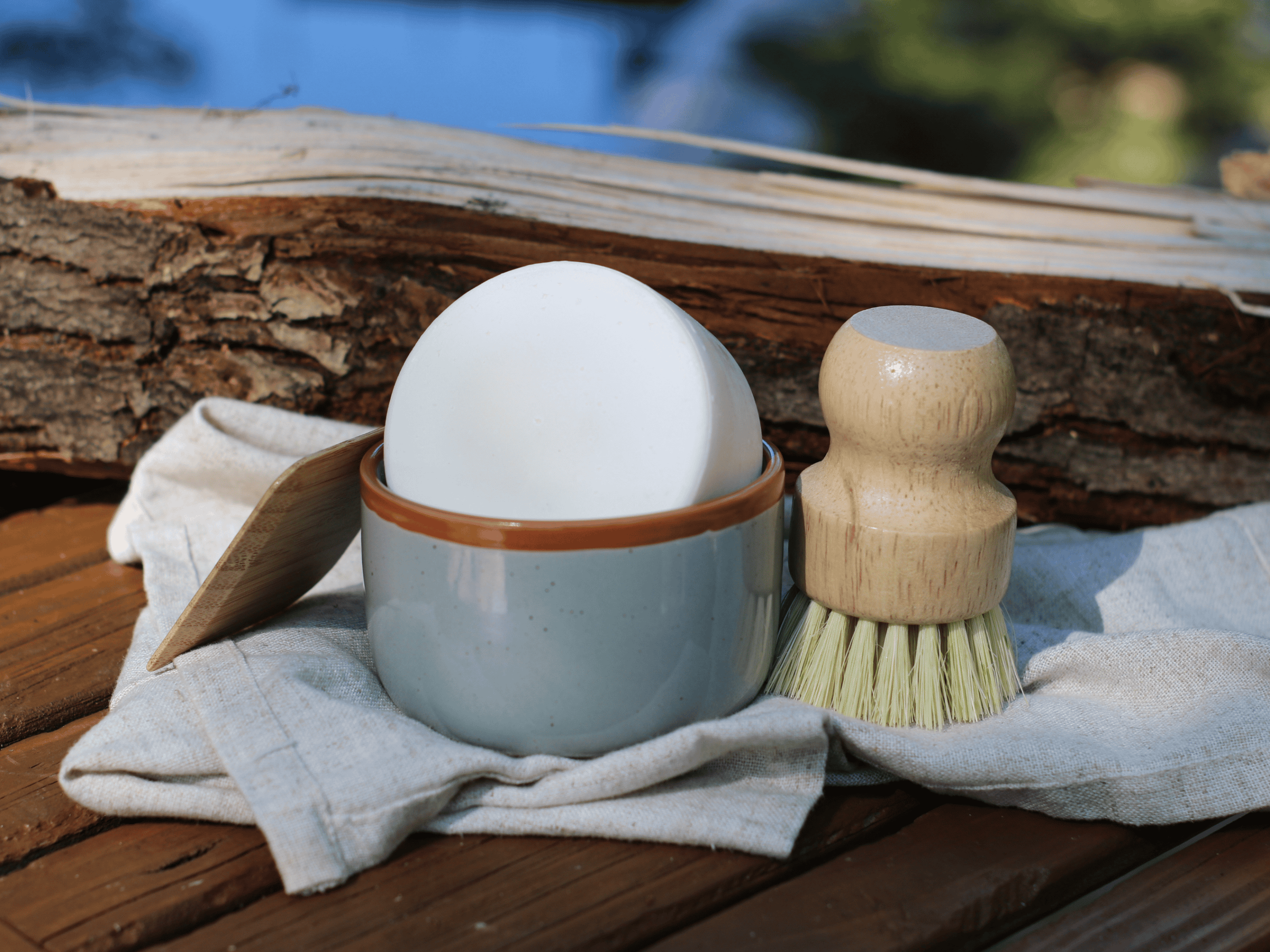 Sage Green ramekin for dish soap bar. with dish brush and bamboo scraper.